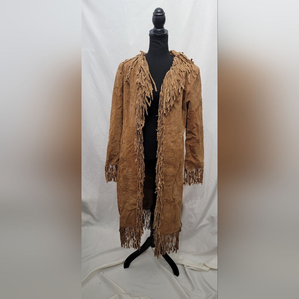 B Lucid Pigskin leather Fringe Beige Tan duster coat. Pockets. Size medium